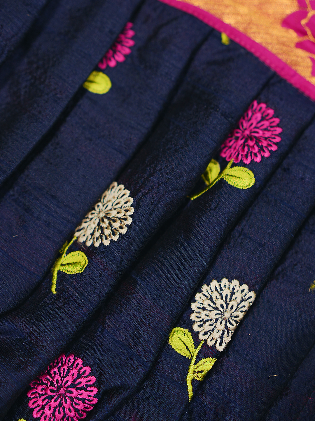 Navy Blue & Copper Floral Kanchipuram Silk Romper Set