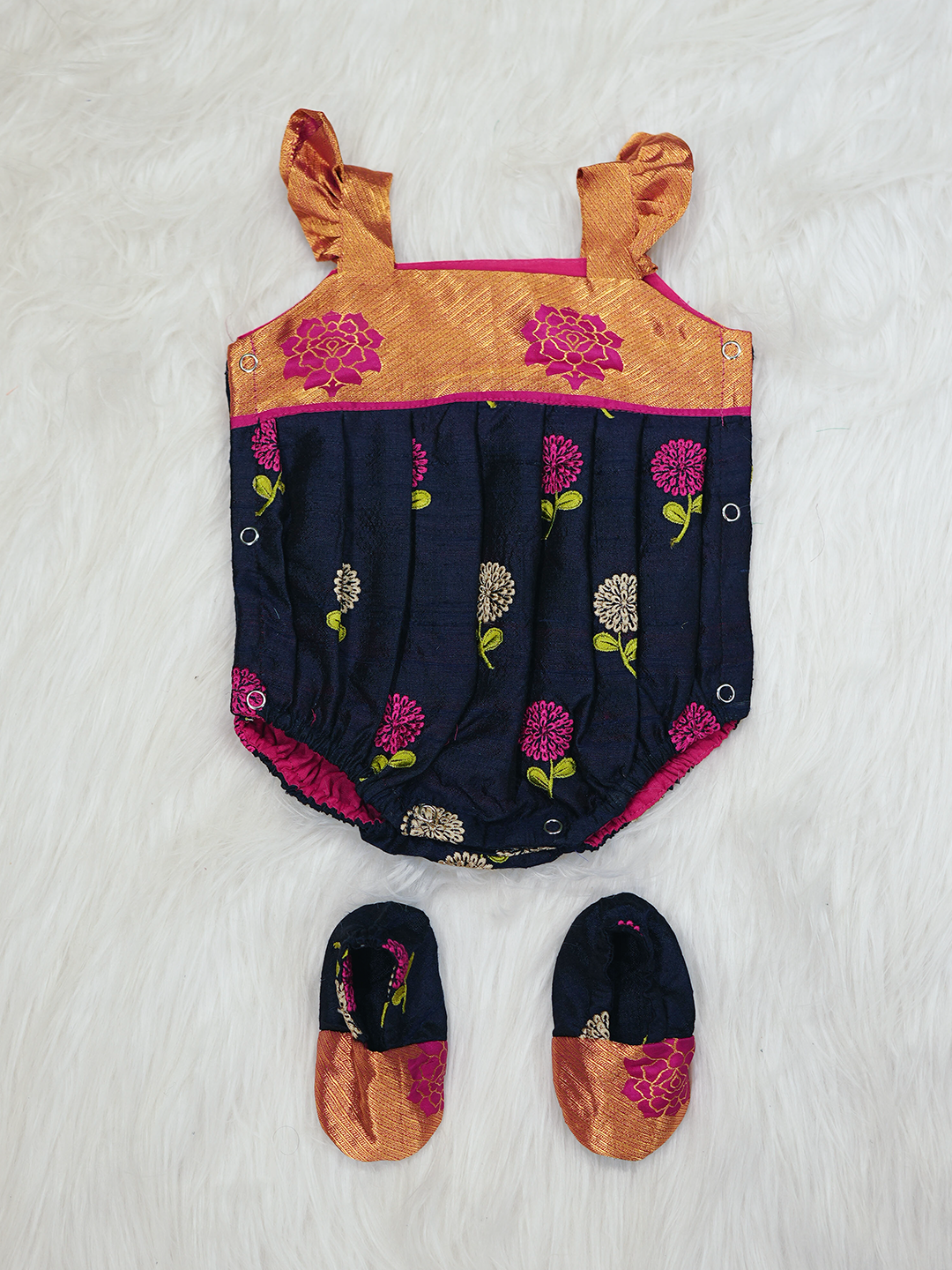 Navy Blue & Copper Floral Kanchipuram Silk Romper Set