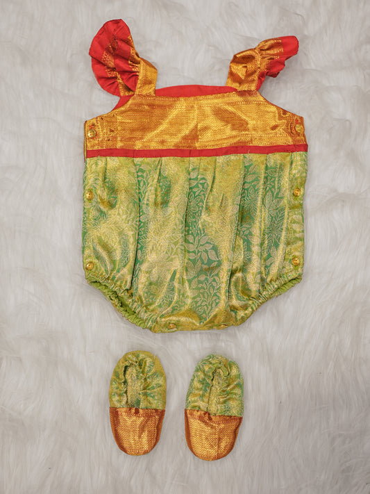 Heritage Green & Red Silk Newborn Romper Set