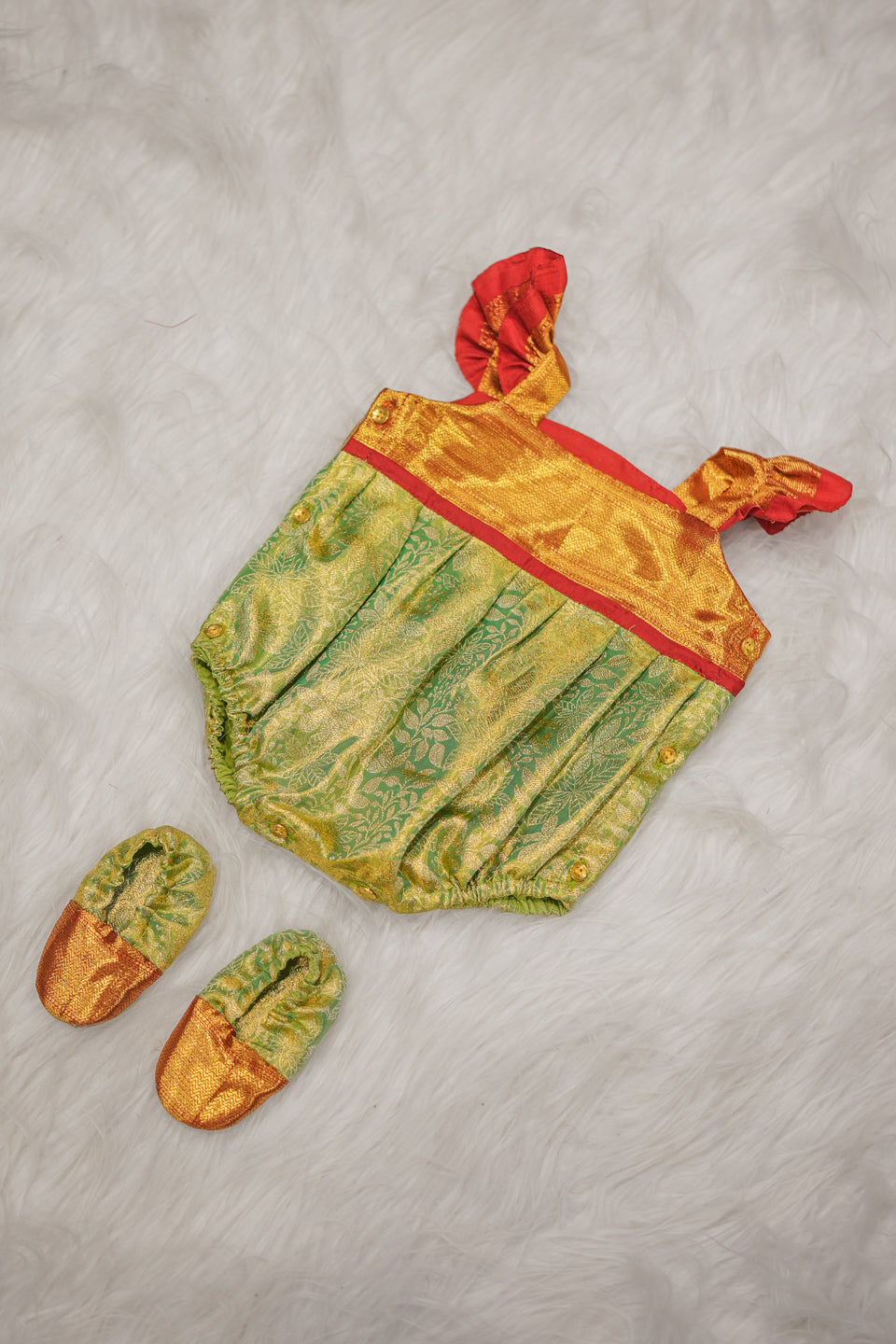 Heritage Green & Red Silk Newborn Romper Set