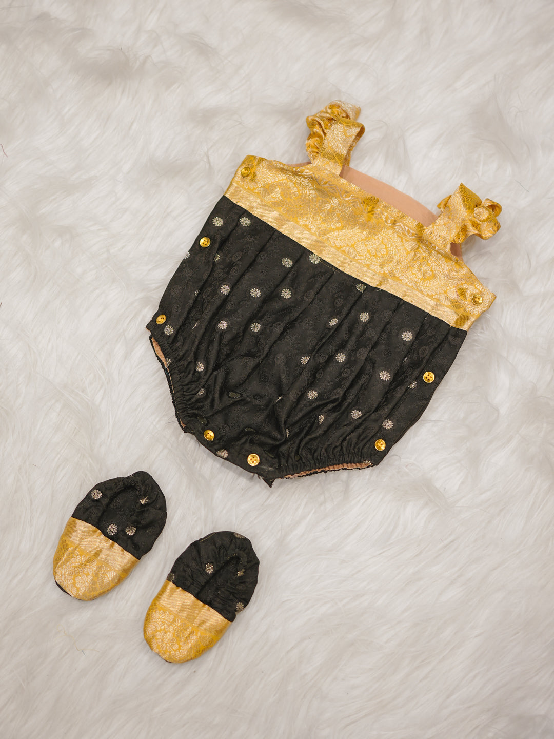 Classic Black & Gold Silk Newborn Romper Set