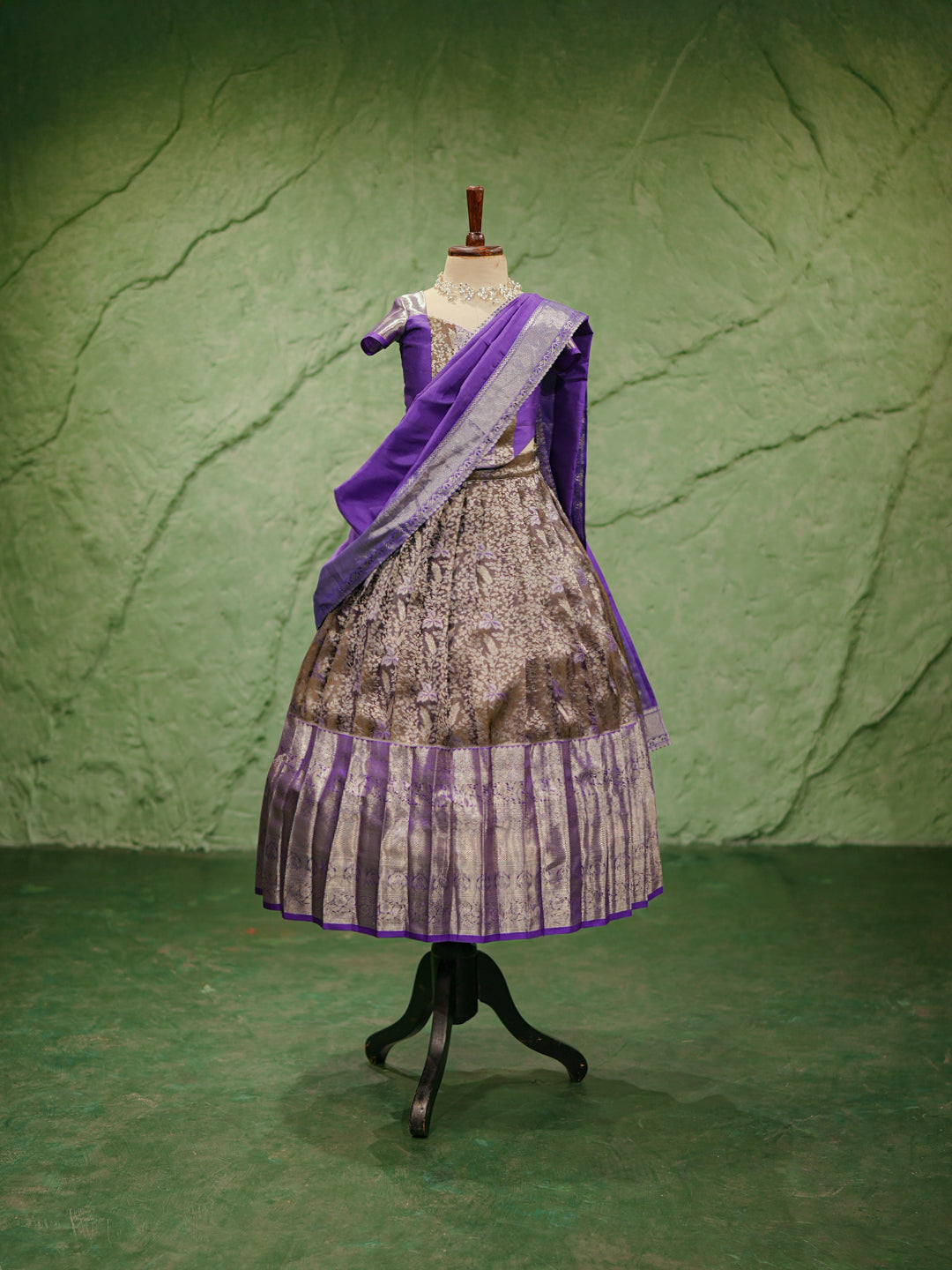 Purple & Gold Kanchipuram Silk Lehenga Saree for Girls