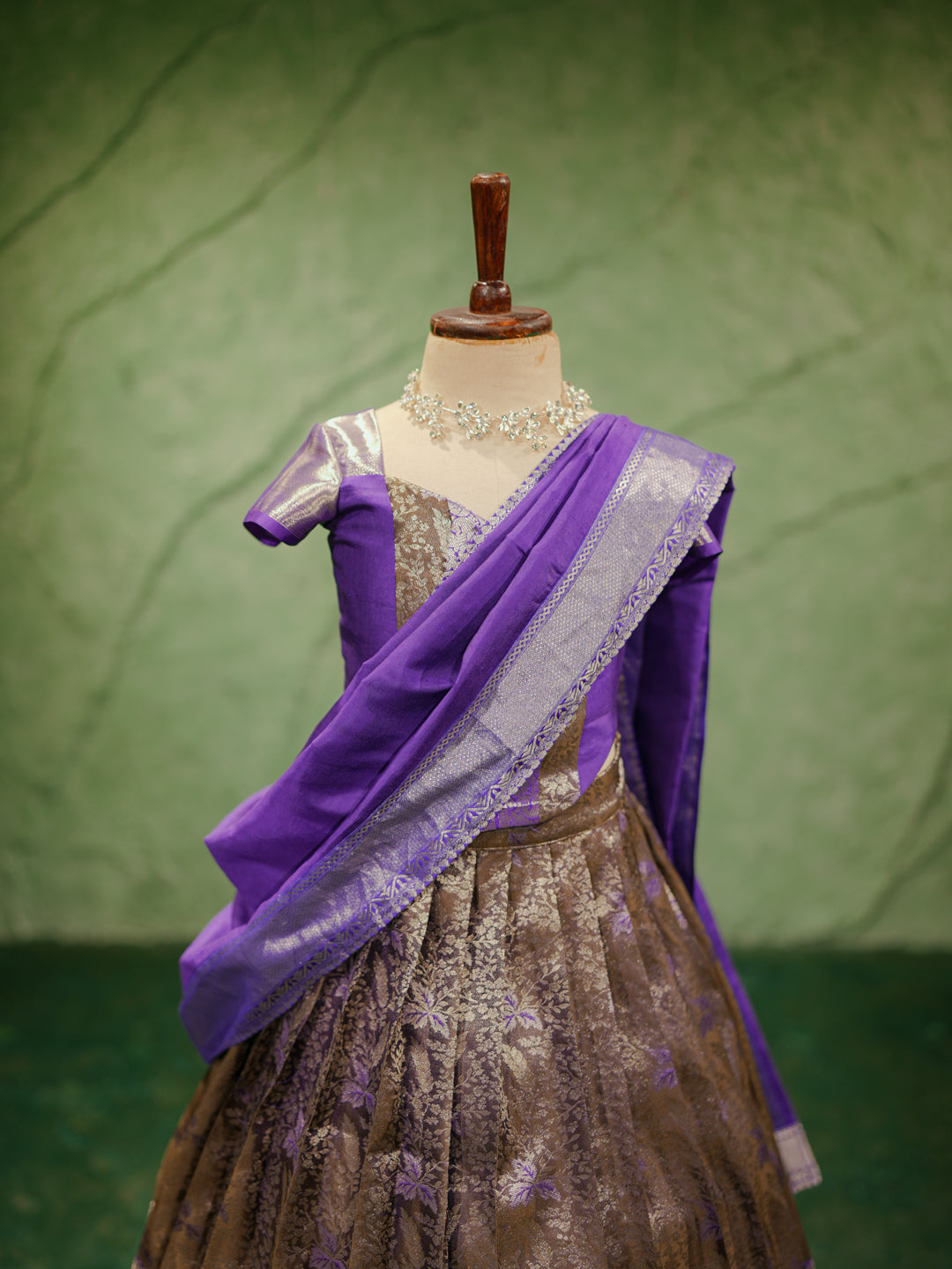 Purple & Gold Kanchipuram Silk Lehenga Saree for Girls