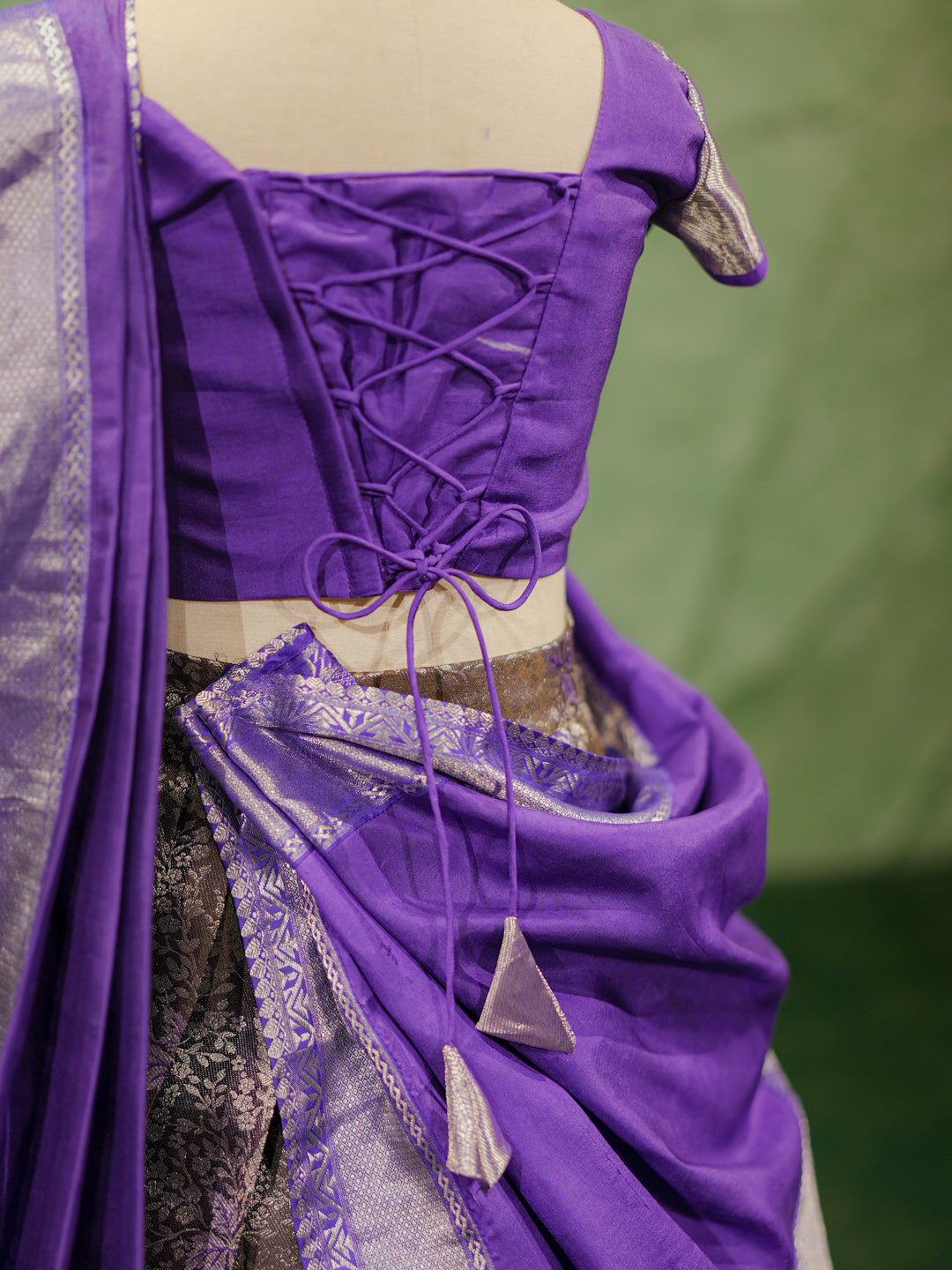 Purple & Gold Kanchipuram Silk Lehenga Saree for Girls