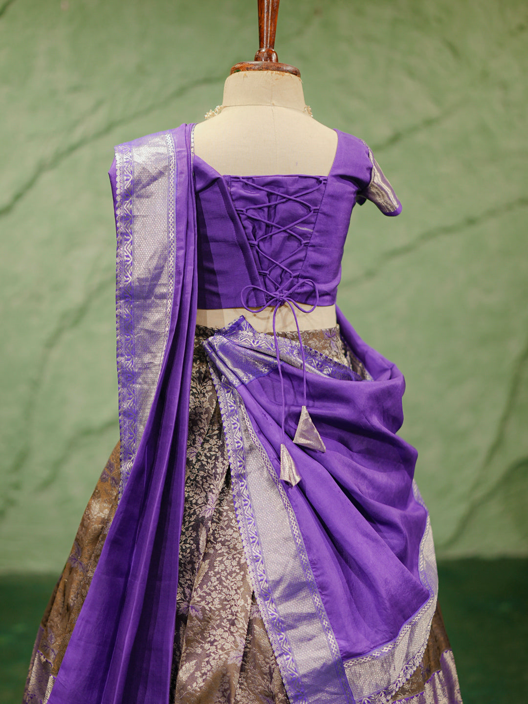 Purple & Gold Kanchipuram Silk Lehenga Saree for Girls
