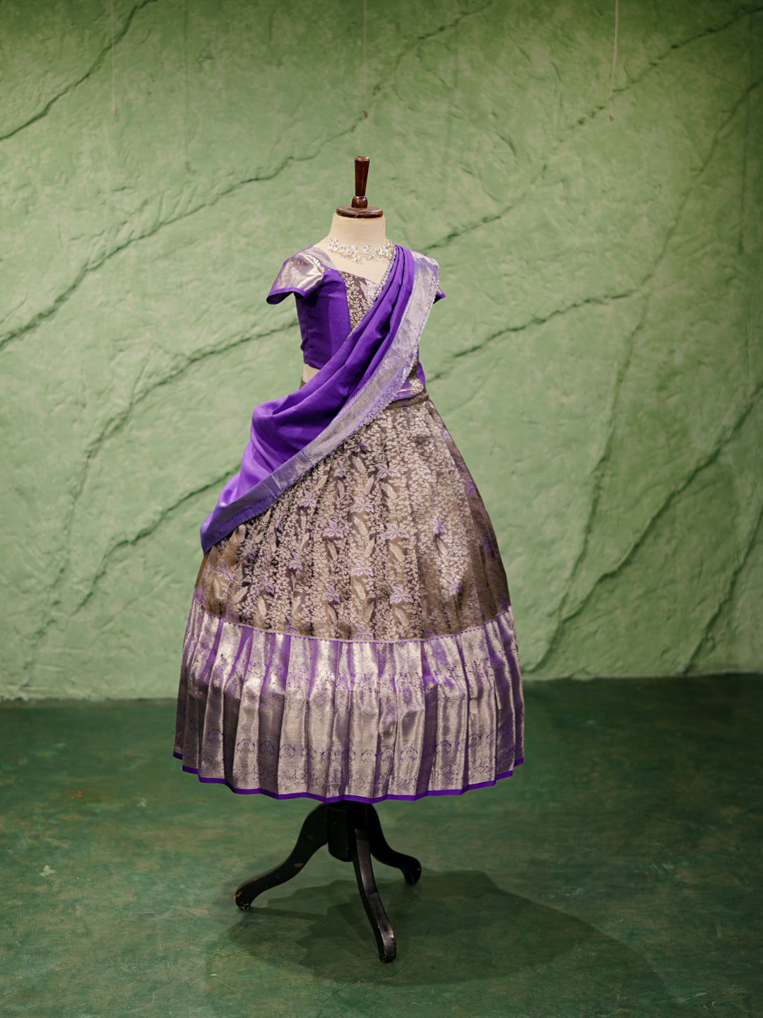 Purple & Gold Kanchipuram Silk Lehenga Saree for Girls