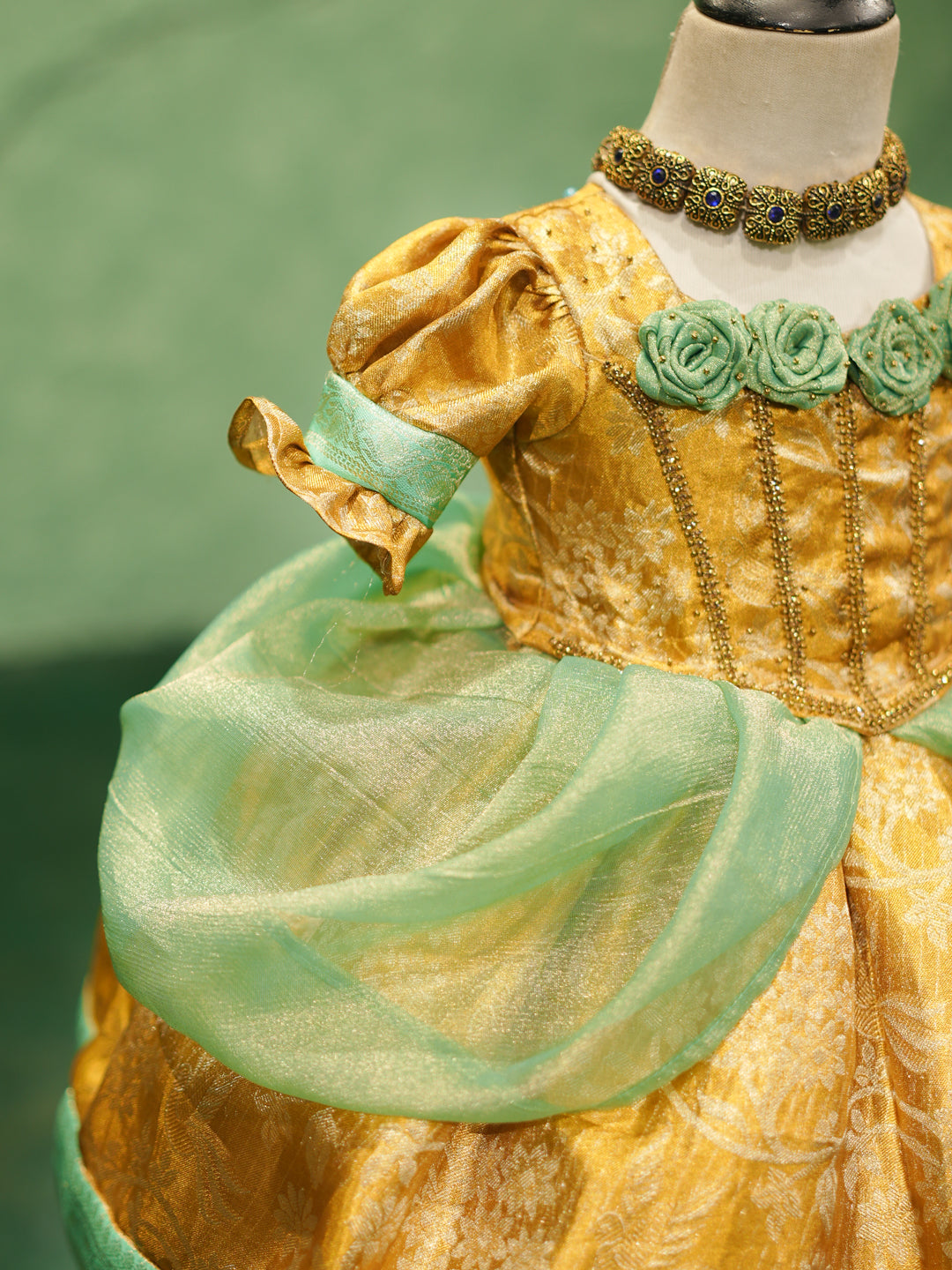 Cinderella-Inspired Gold & Mint Party Gown for Girls