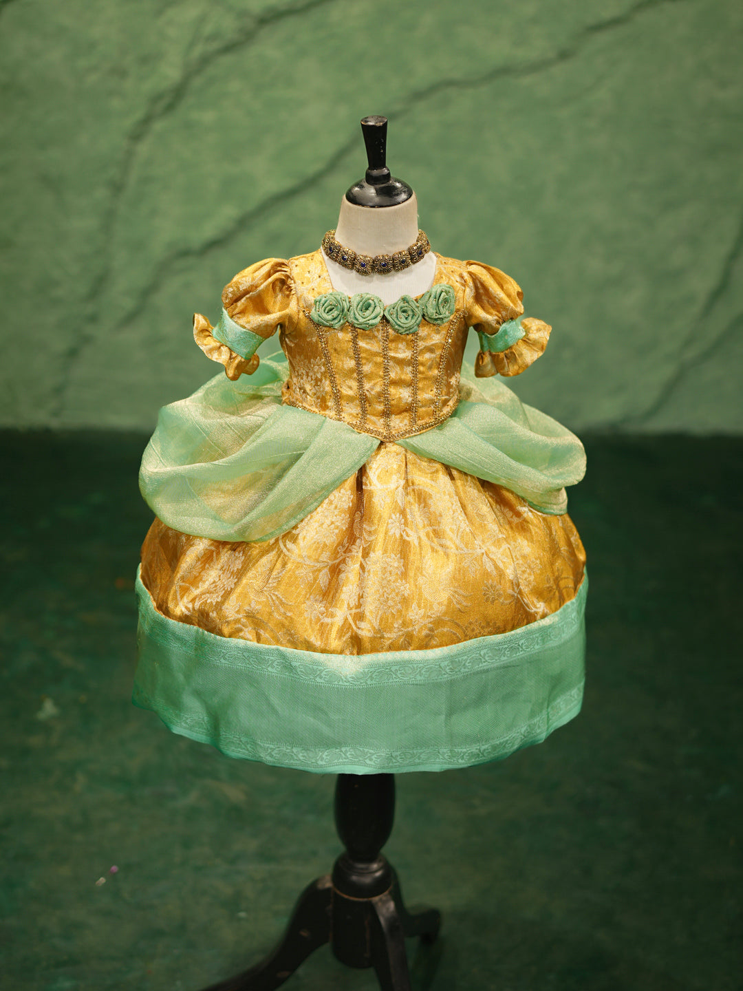 Cinderella-Inspired Gold & Mint Party Gown for Girls