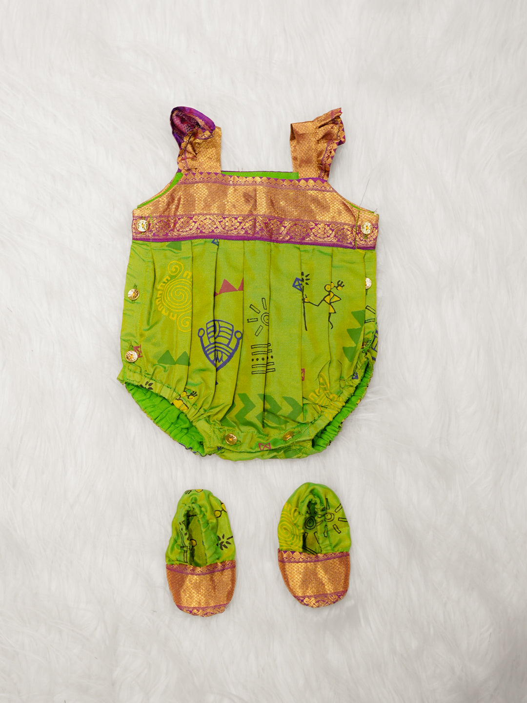 Green Tribal Print Silk Romper Set