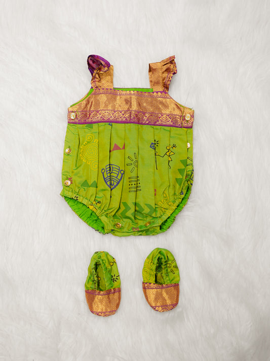 Green Tribal Print Silk Romper Set