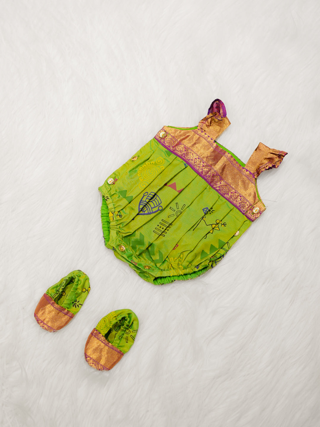 Green Tribal Print Silk Romper Set