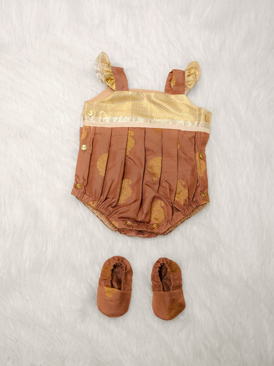 Brown & Gold Silk Romper Set