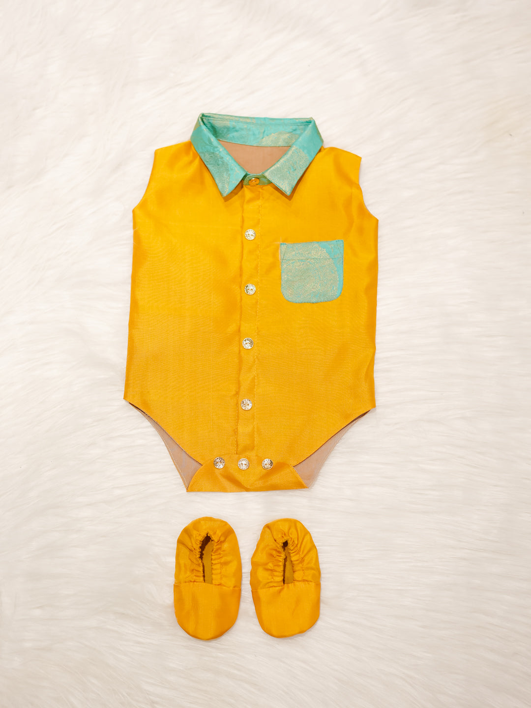 Mustard Yellow Silk Shirt-Style Romper Set