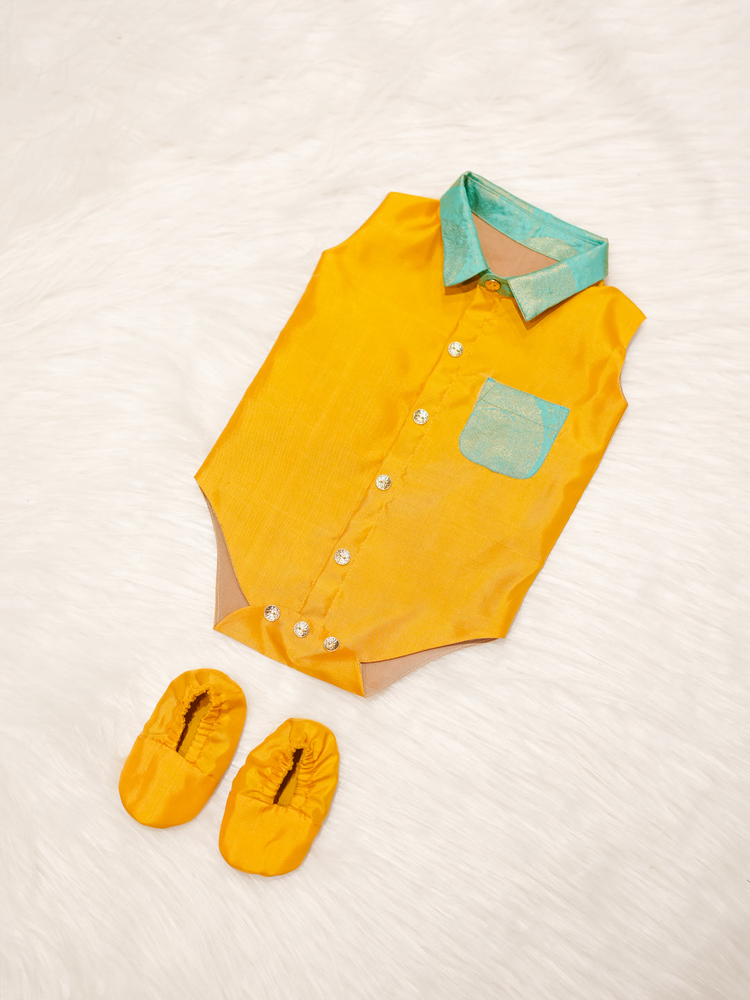 Mustard Yellow Silk Shirt-Style Romper Set
