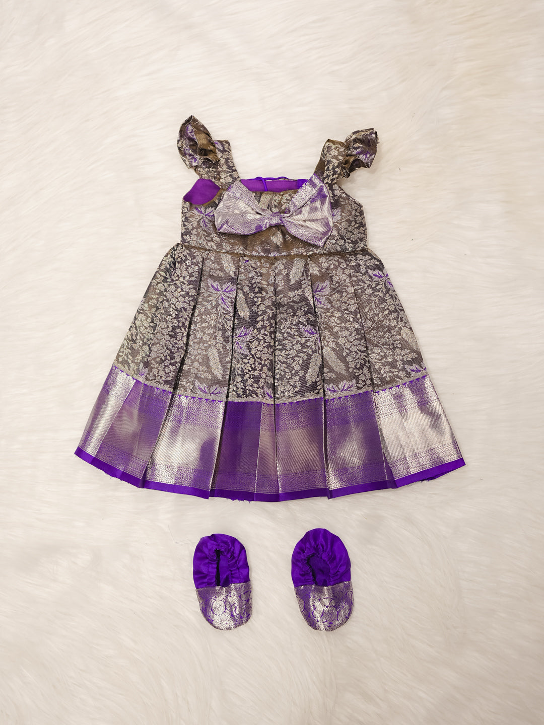 Purple & Silver Kanchipuram Silk Newborn Gown Set