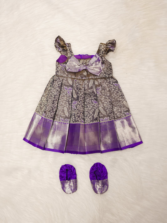 Purple & Silver Kanchipuram Silk Newborn Gown Set