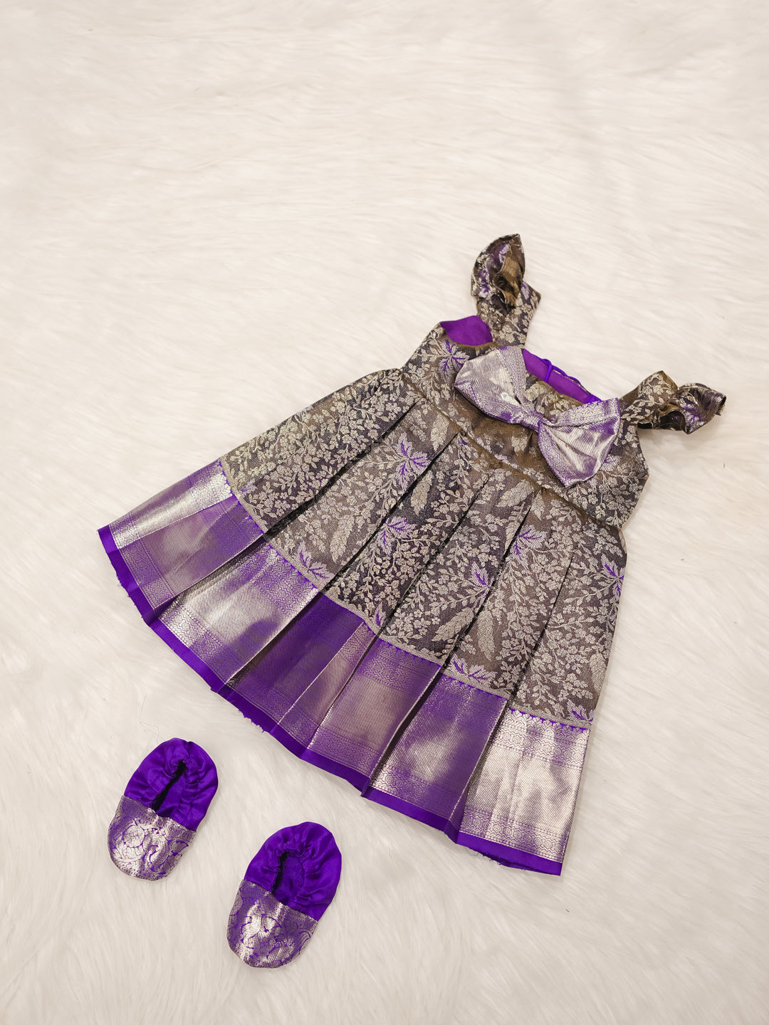 Purple & Silver Kanchipuram Silk Newborn Gown Set