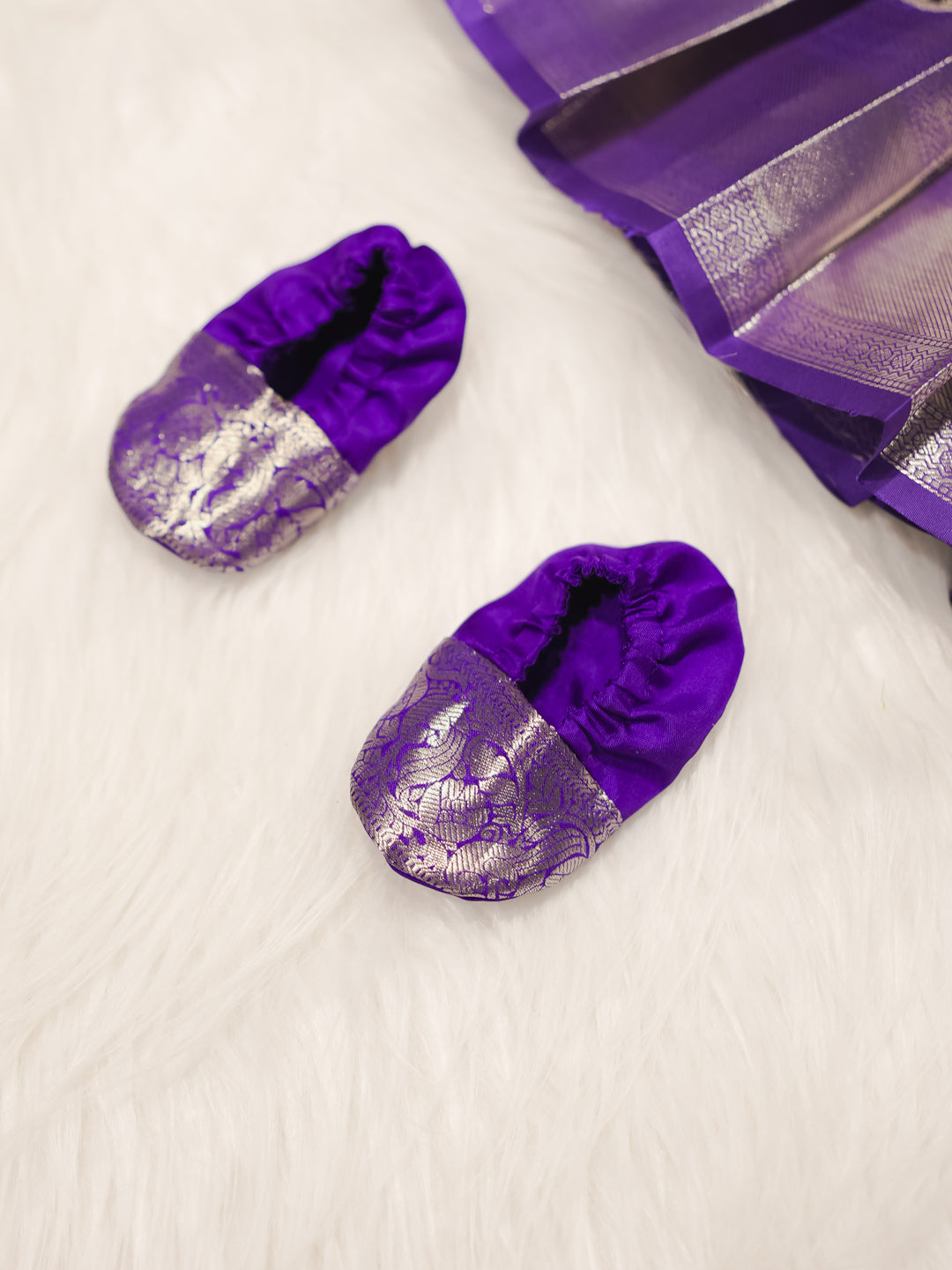 Purple & Silver Kanchipuram Silk Newborn Gown Set