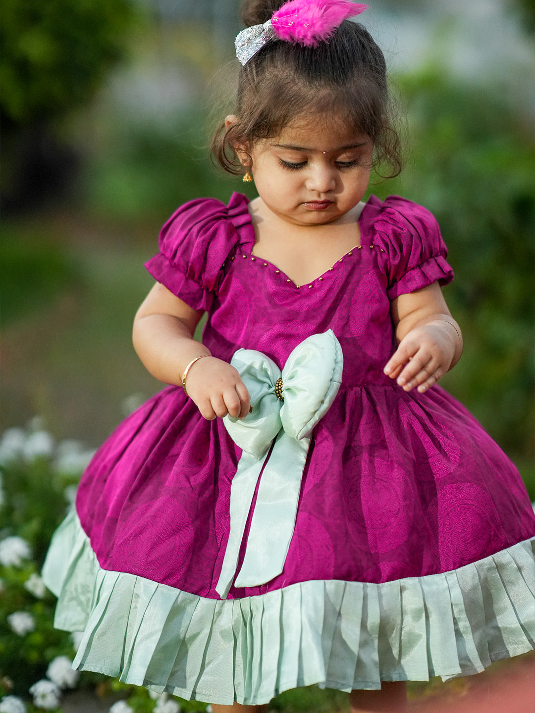 Magenta with Pleated Light Green Kanchi Pattu Frocks for Babies | Kids Wedding Dresses