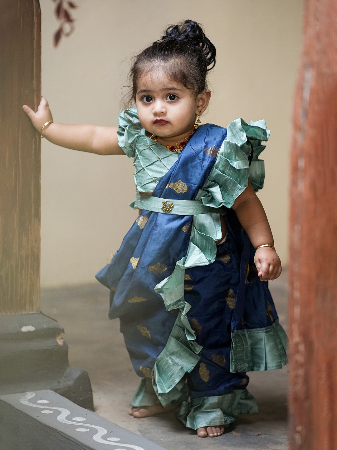 Blue Nauvari Saree with Stale Blue Frills