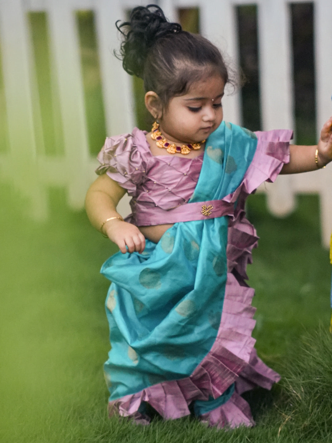 Sky Blue Nauvari Saree with pastel pink Frills