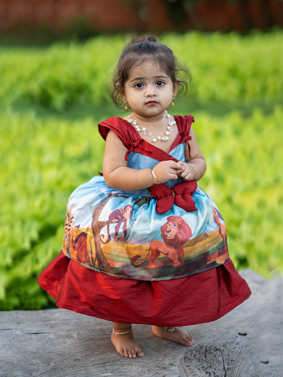 Jungle Themed Baby Girl Western Dress in Kanchipuram Silk