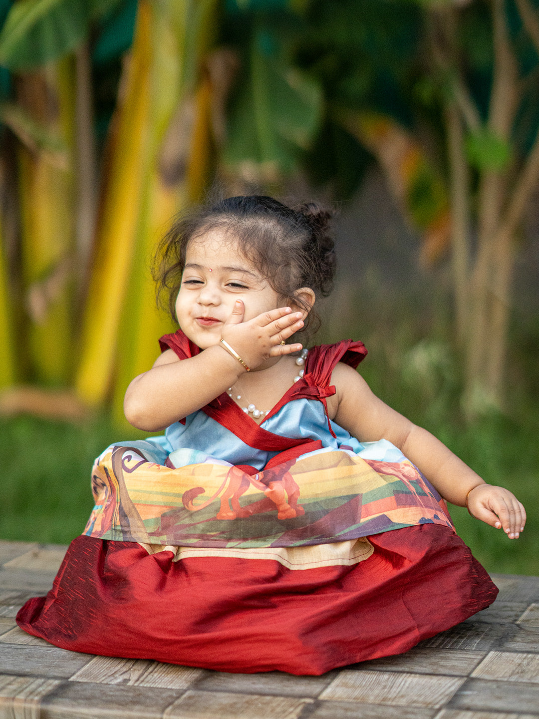 Jungle Themed Baby Girl Western Dress in Kanchipuram Silk