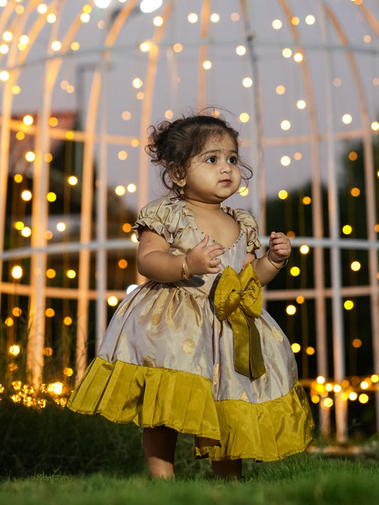 Golden Beige Pleated Gown | Kanchi Pattu South Indian Traditional Dress for Baby Girl