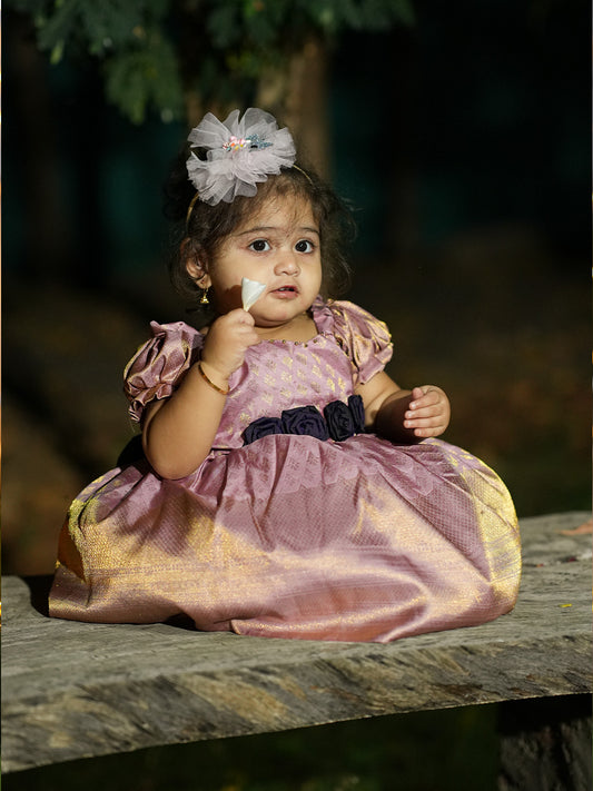 Lavender with Roses Knee-length Kanchi Pattu Frocks for Babies | Kids Wedding Dresses