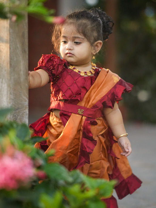 Golden Nauvari Saree with Red Frills