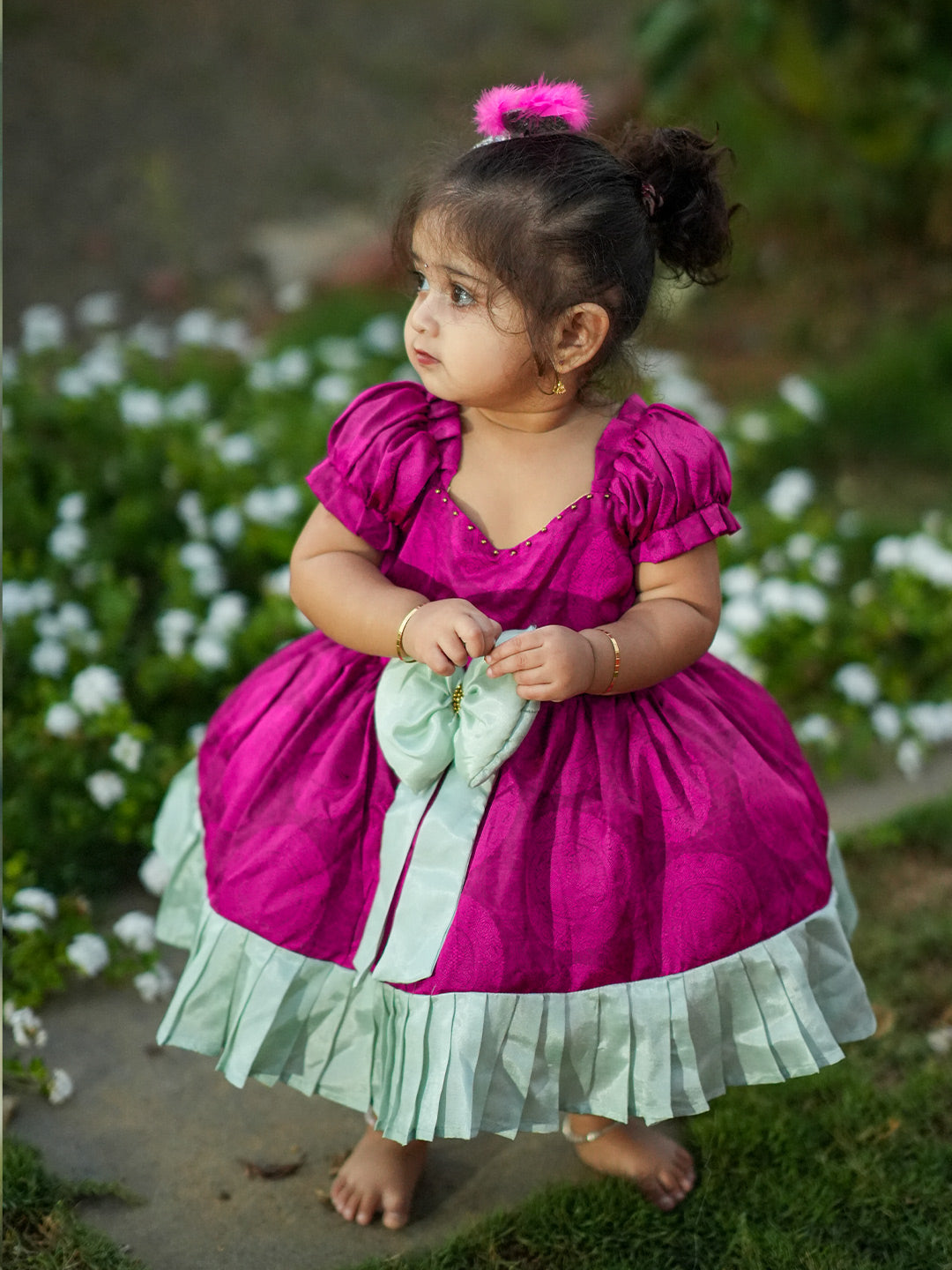 Magenta with Pleated Light Green Kanchi Pattu Frocks for Babies | Kids Wedding Dresses