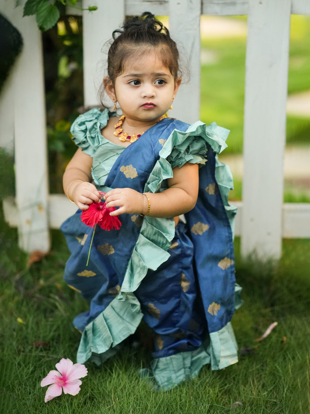 Blue Nauvari Saree with Stale Blue Frills