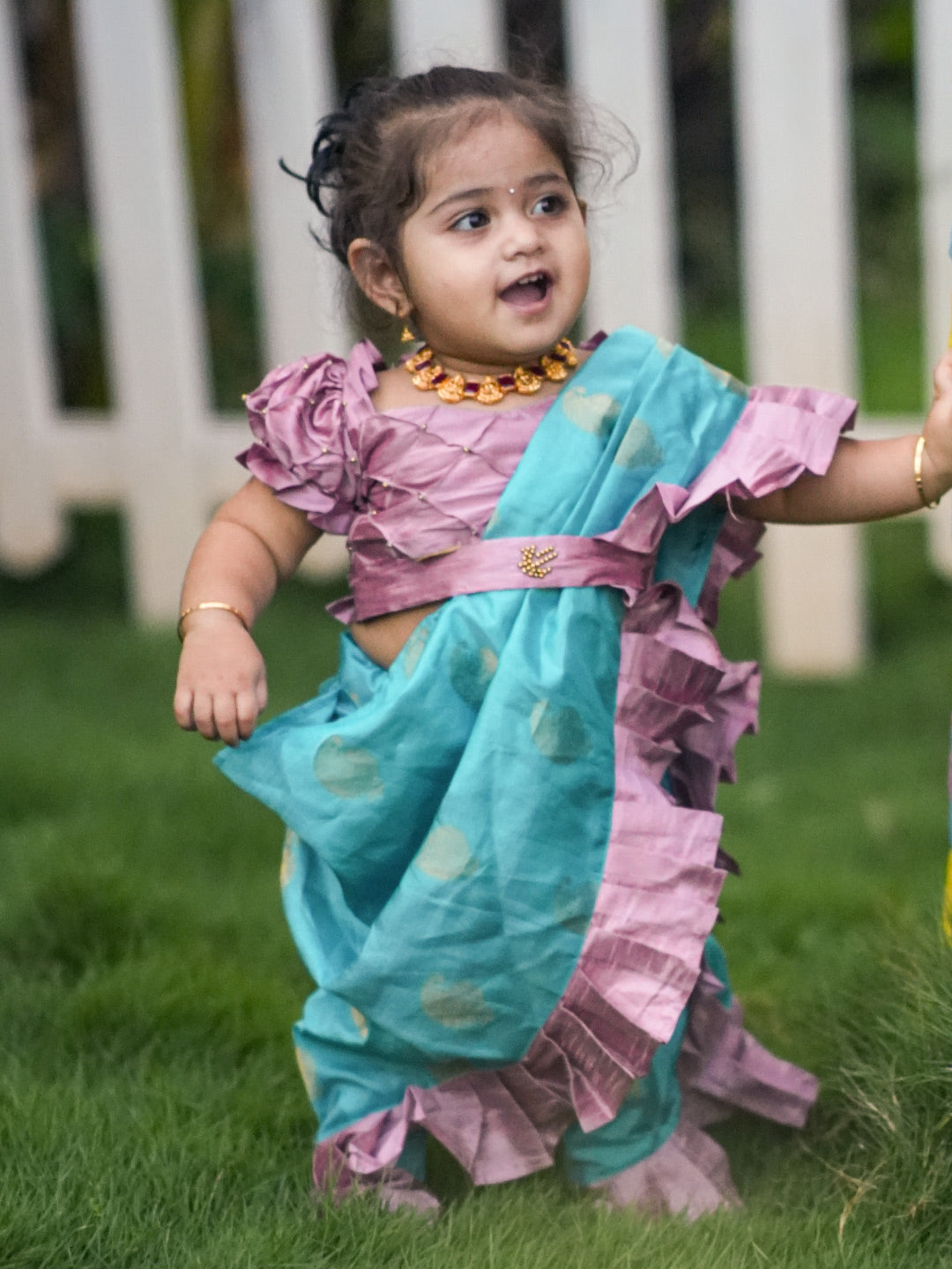 Sky Blue Nauvari Saree with pastel pink Frills