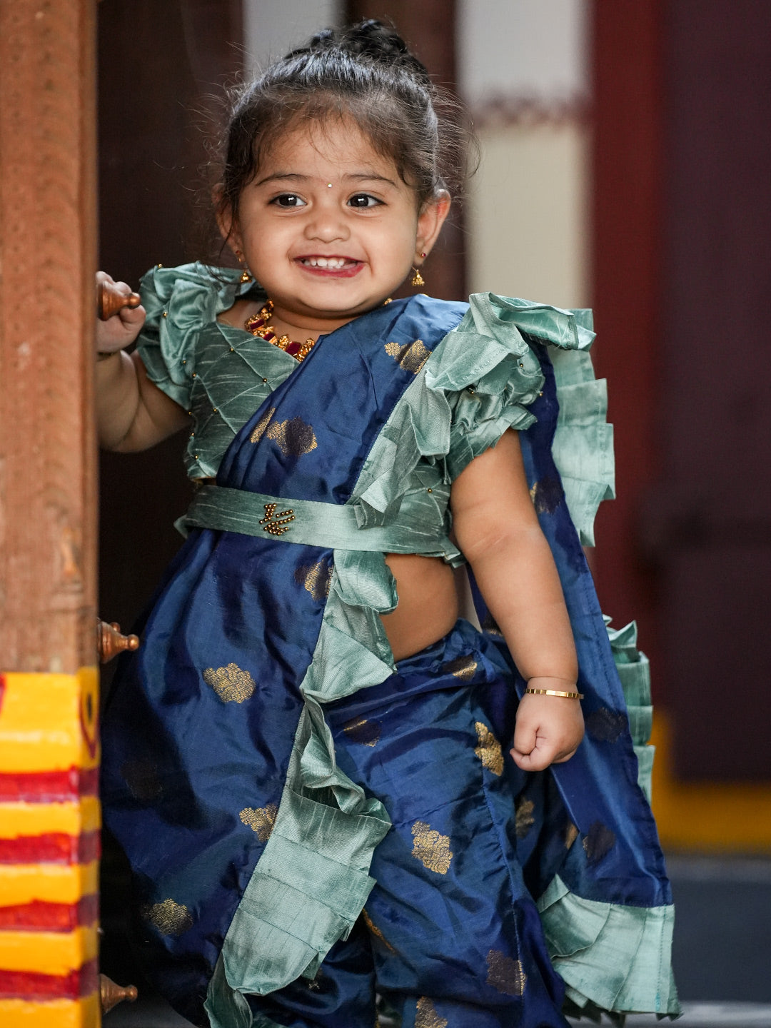 Blue Nauvari Saree with Stale Blue Frills