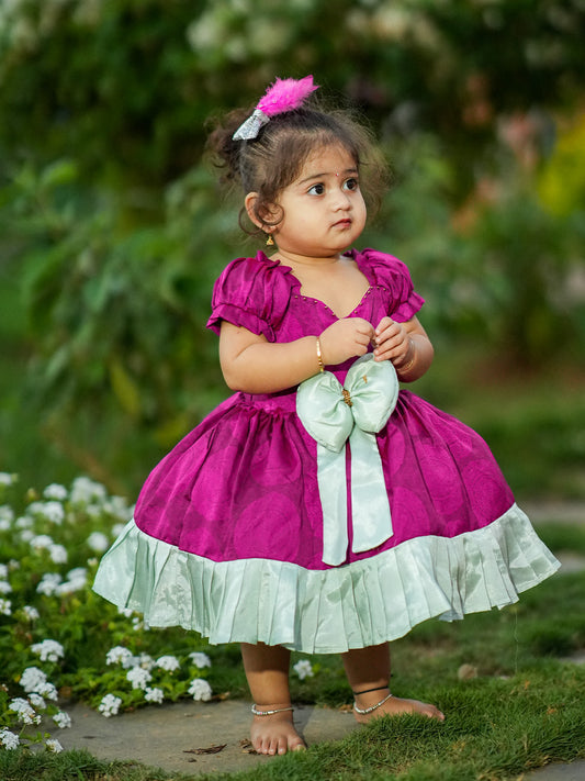 Magenta with Pleated Light Green Kanchi Pattu Frocks for Babies | Kids Wedding Dresses