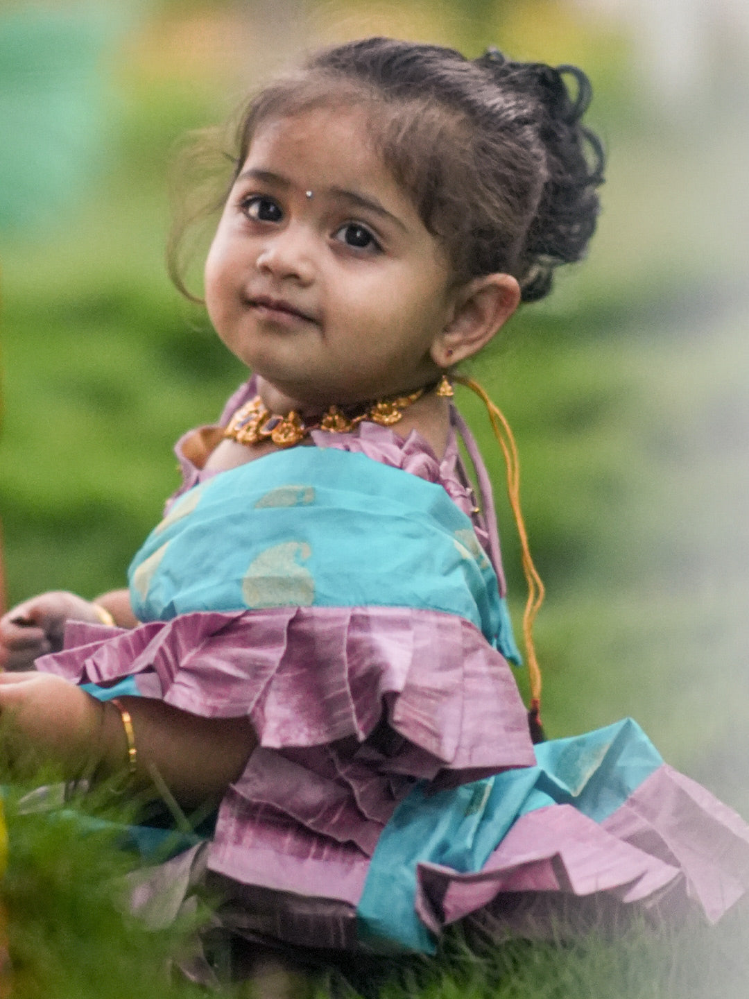 Sky Blue Nauvari Saree with pastel pink Frills