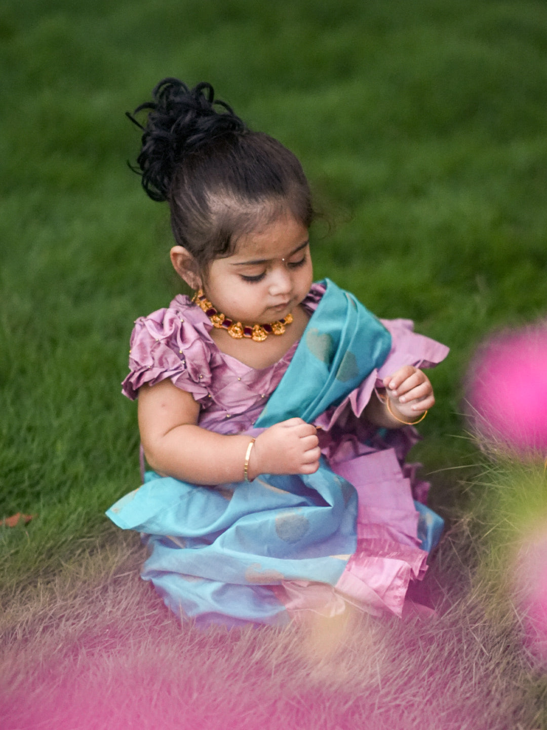 Sky Blue Nauvari Saree with pastel pink Frills