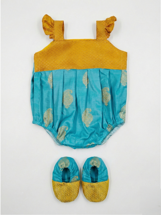 Turquoise Blue & Mustard Kanchipuram Silk Paisley Newborn Girl Romper