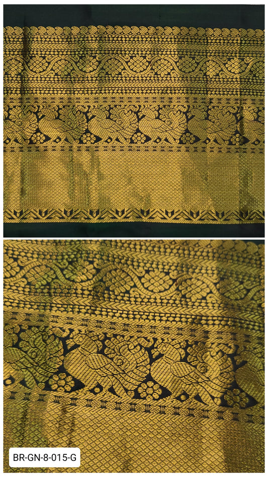 8 Inch Pure Kanchipuram Silk Zari Border – Dark Green with Gold Zari Floral & Peacock Weave
