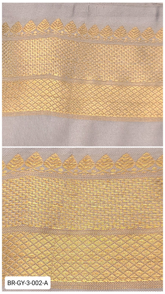 3 Inch Pure Kanchipuram Silk Zari Border – Silver Grey with Gold Zari Temple & Diamond Weave
