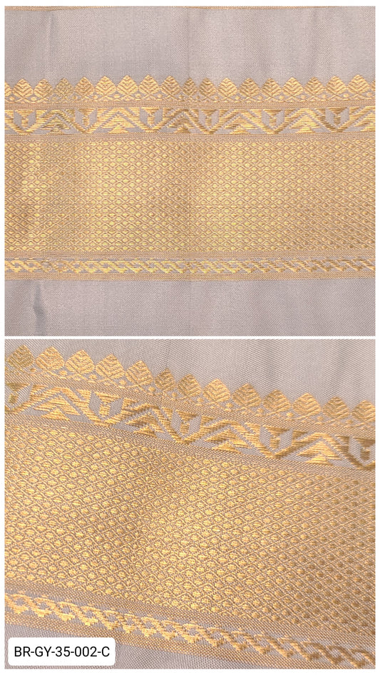 Pure Kanchipuram Silk Zari Border – Grey with Gold Geometric & Temple Motifs (Per Meter)