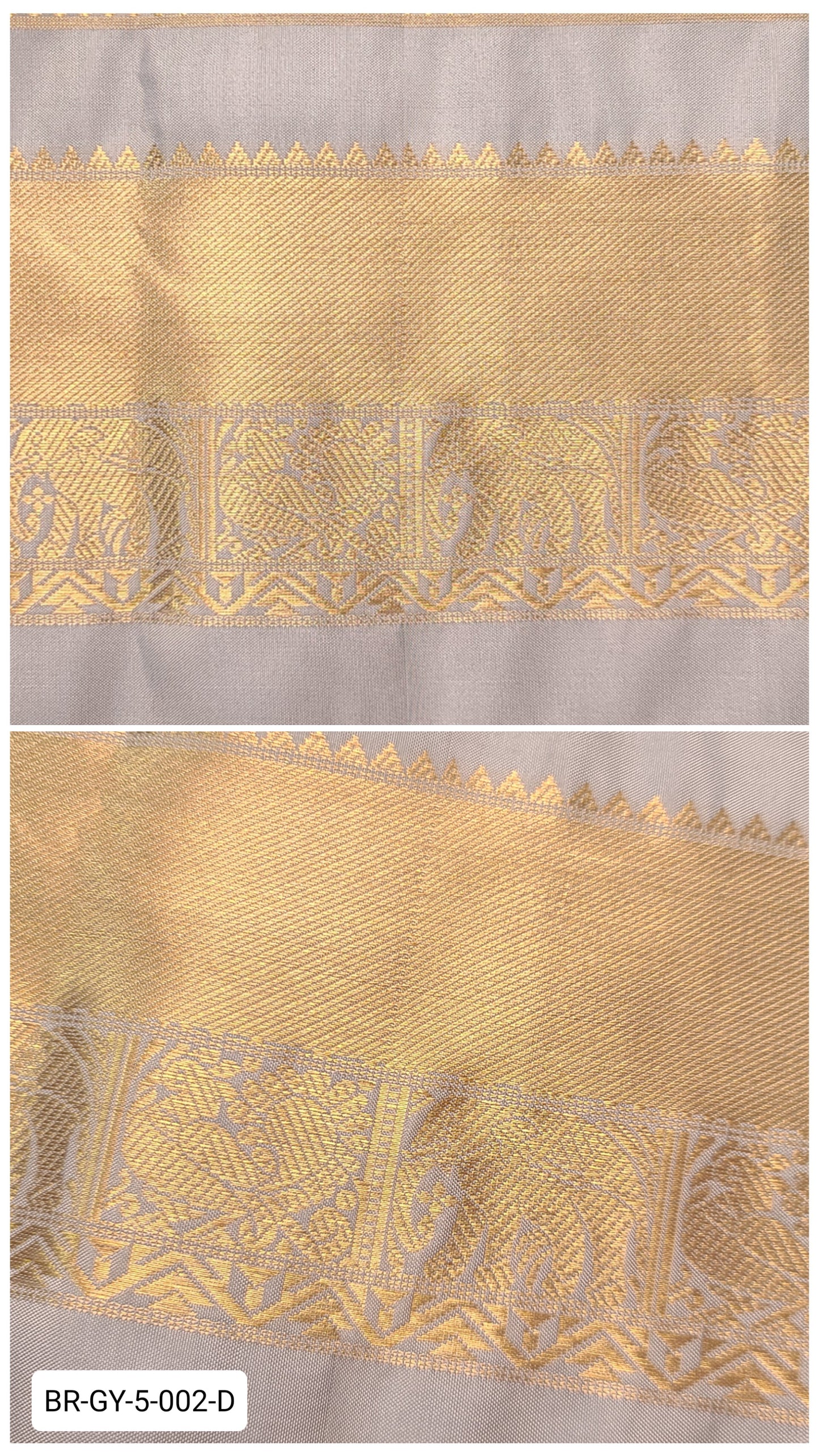 5 Inch Pure Kanchipuram Silk Zari Border – Silver Grey with Gold Zari Elephant & Peacock Motifs