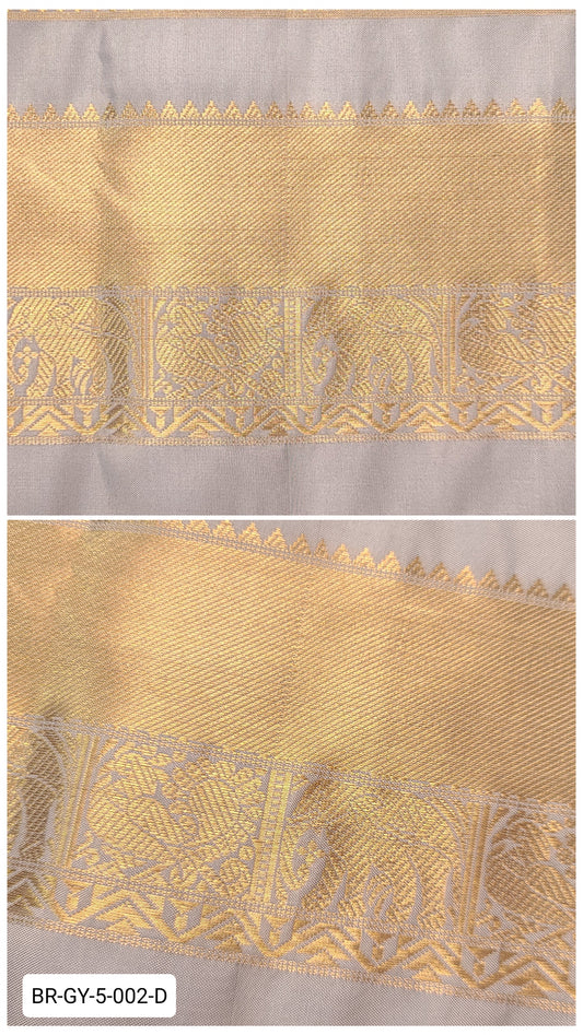 5 Inch Pure Kanchipuram Silk Zari Border – Silver Grey with Gold Zari Elephant & Peacock Motifs