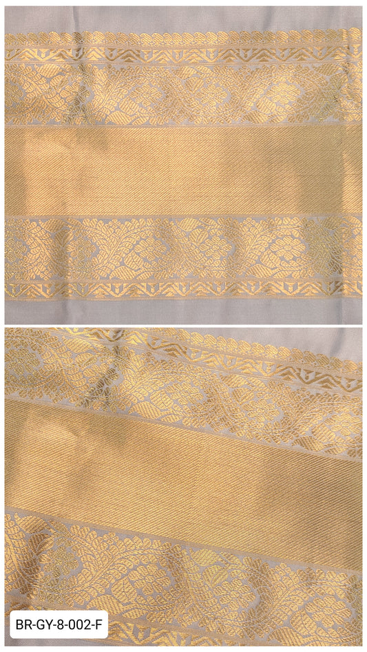 8 Inch Pure Kanchipuram Silk Zari Border – Grey with Gold Zari Floral Paisley Weave
