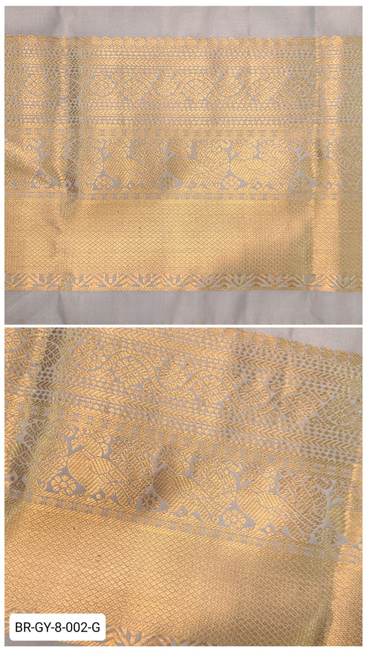 8 Inch Pure Kanchipuram Silk Zari Border – Grey with Gold Zari Floral & Peacock Weave