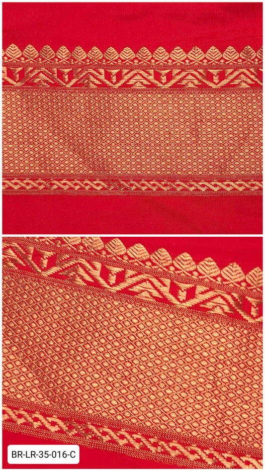 Pure Kanchipuram Silk Zari Border – Bright Red with Gold Geometric & Temple Motifs (Per Meter)