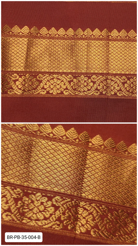 Pure Kanchipuram Silk Zari Border – Rust Red with Gold Floral & Diamond Weave (Per Meter)