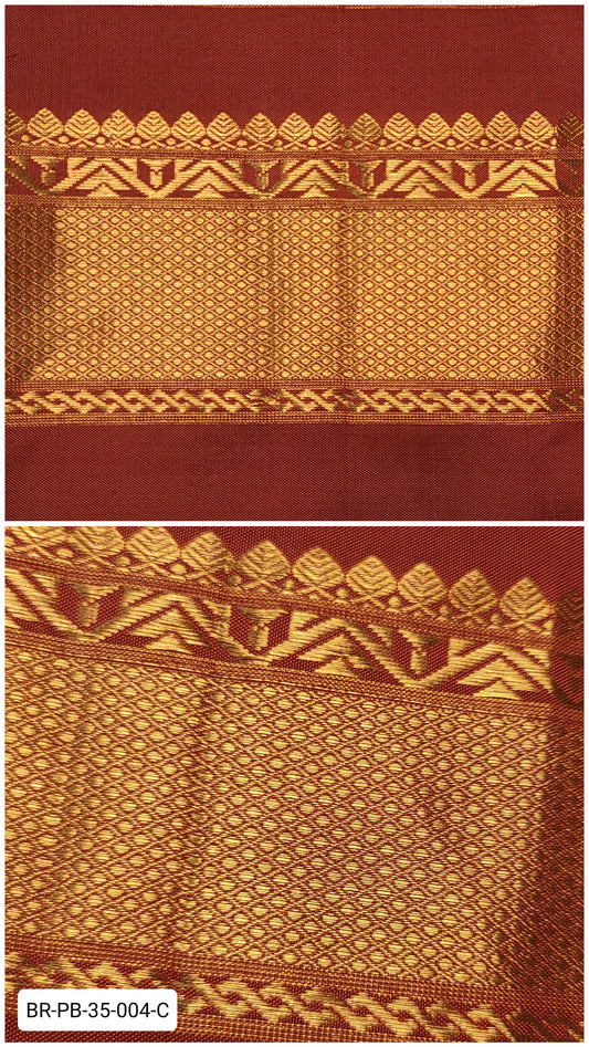 Pure Kanchipuram Silk Zari Border – Rust Red with Gold Temple & Leaf Motifs (Per Meter)