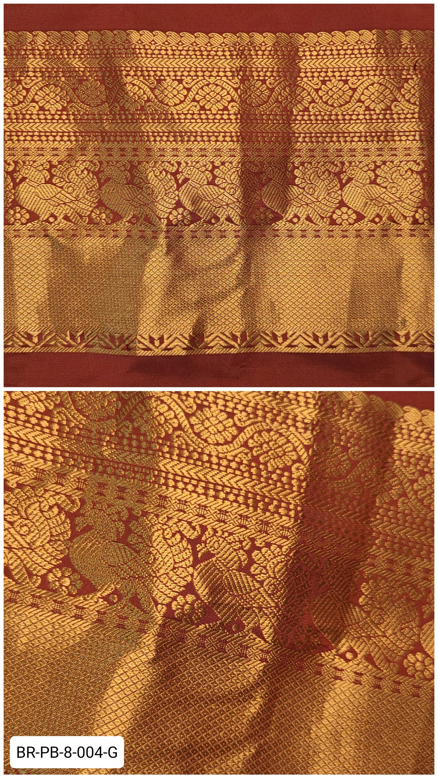 8 Inch Pure Kanchipuram Silk Zari Border – Maroon with Gold Zari Peacock & Floral Weave