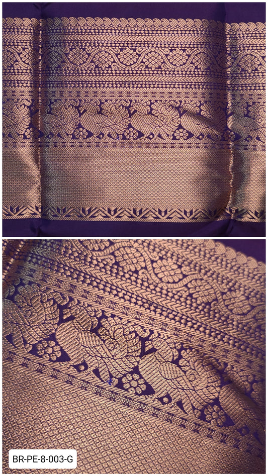8 Inch Pure Kanchipuram Silk Zari Border – Purple with Gold Zari Peacock & Floral Weave
